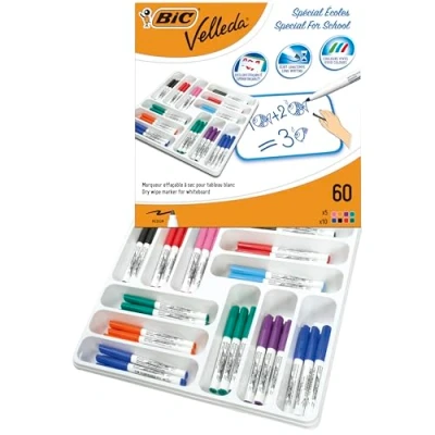 Afbeelding van BIC Velleda 1741 viltstiften voor whiteboard, droog afwisbaar, medium conische punt, verschillende kleuren, 60 stuks