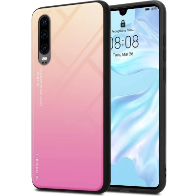 Afbeelding van Cadorabo Hoesje geschikt voor Huawei P30 in GEEL ROZE Tweekleurige beschermhoes van TPU silicone Case Cover en achterzijde gehard glas