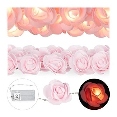 Afbeelding van Relaxdays rozen lichtsnoer lichtslang lichtketting bloemen LED verlichting 20 roze