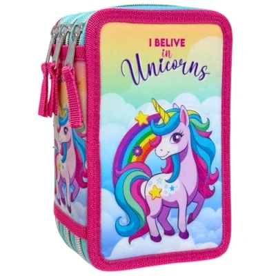 Afbeelding van Clondo Trousse triple pour enfants, garçons et filles, 44 accessoires scolaires, 3 fermetures éclair, crayons de couleur, feutres, ciseaux, Einhorn25, à