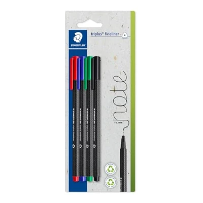 Afbeelding van STAEDTLER Triplus 334 S BK4 Fineliners, driehoekig, superfijne punt, metaalbezet, ca. 0,3 mm, 97% gerecycled, Made in Germany, 4 stuks op blisterkaart, verschillende kleuren