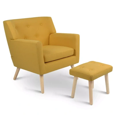 Afbeelding van Fauteuil scandinave LIV avec repose pieds en tissu jaune