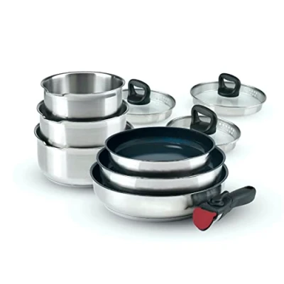 Afbeelding van Set van 3 sauspannen in roestvrij staal + non stick coating braadpannen 1 afneembaar handvat zeefdeksels met stalen Zilver / Zwart Transparant