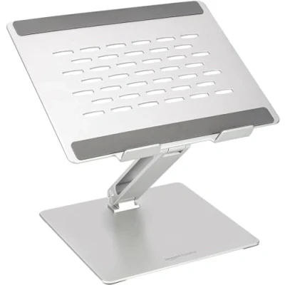 Image de Amazon Basics Support ergonomique réglable idéal pour ordinateur portable jusqu’à 17,3&quot;, évacue la chaleur, hauteur et angle réglables en continu, 27,9 x 23 5,6 cm, argenté