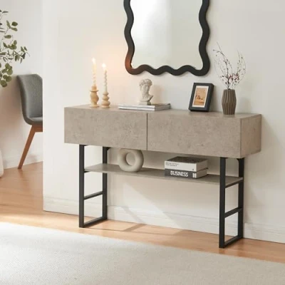 Afbeelding van [en.casa] Table Console Design Industriel d&#039;Appoint pour Salon Entrée Couloir 2 Tiroirs Surface de Rangement Métal Panneau Particules 75 x 120 30 cm Noir Effet Béton Clair
