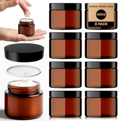 Afbeelding van volila amberkleurige glazen potten 8 stuks met uv bescherming van 60 ml binnenvoering, spatel en deksel cosmeticapotten voor poeder, lotion crème