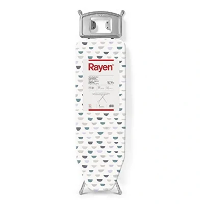 Image de Rayen Table à repasser Gamme Basic Hauteur réglable Maille métallique Repose plaques Structure grise et housse imprimée blanche Dimensions : 120 x 38 cm