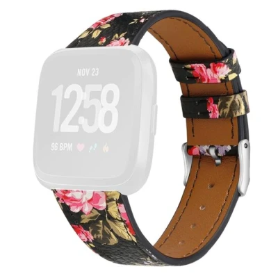Afbeelding van Fitbit Versa 1 / 2 &amp; Lite leren bandje Bloemenprint roze