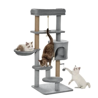 Afbeelding van PawHut Arbre à chat de 120 cm avec panier, grotte pour chat, balle jeu, tour d&#039;escalade d&#039;intérieur lit, tronc en toile jute, meuble griffer chats jusqu&#039;à 5 kg, gris clair