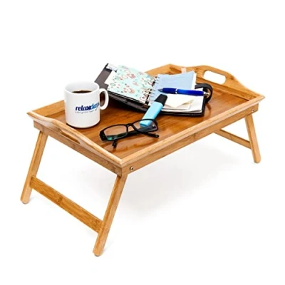 Afbeelding van relaxdays bedtafel bamboe, inklapbare poten, beddienblad, bed tafeltje, dienblad