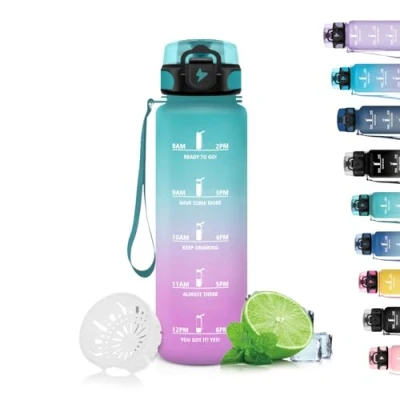 Afbeelding van Grsta Drinkfles, 500 ml, drinkfles voor kinderen, lekvrij, uurdrinkfles, gemakkelijk te reinigen, motiverende met tijdmarkering, herbruikbaar, hardlopen, wandelen, kamperen, groen/roze