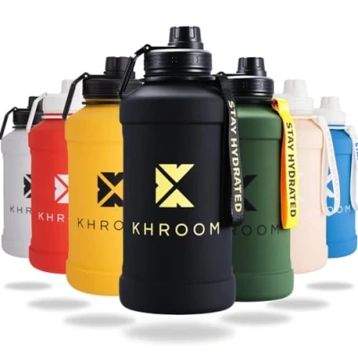 Afbeelding van Khroom Fitness/sportfles, 1,3 l en 2,2 l, fles van roestvrij staal, voor koolzuurhoudende dranken, waterdicht, vaatwasmachinebestendig, enkelwandig, BPA vrij, metallic, 1 liter, zwart