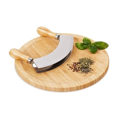 Afbeelding van Relaxdays wiegemes met plank Ø 25 cm bamboe rvs kruidenplank snijplank kruiden