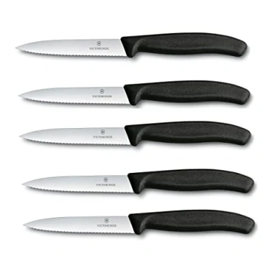 Afbeelding van Victorinox Swiss Classic groentemes, 5 stuks, zwart, 10 cm met gekartelde rand, tomatenmes
