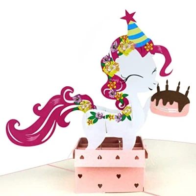 Afbeelding van MOKIO® verjaardagskaart pop up Happy Birthday Pony met cadeau en taart 3D voor verjaardag, ideaal geldgeschenken, wenskaart envelop