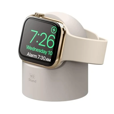 Afbeelding van elago Opladerhouder W2, compatibel met Apple Watch Ultra 2/9/8/Ultra/SE2 (2022)/7/6/SE/5/4/3/2/1 (49 mm/45 mm/44 mm/42 mm/41 mm/40 mm/38 mm), laadstation, nachttafelmodus (Stone)