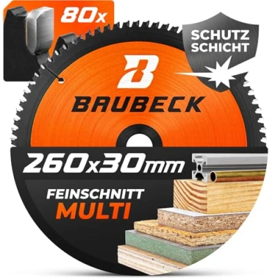 Afbeelding van BAUBECK zaagblad 260 x 30 mm, multi materiaal, dunne snede, cirkelzaagblad van mm voor hout, aluminium, metaal enz. geschikt Bosch Festool