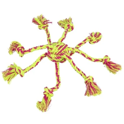 Afbeelding van Trixie Hondenspeelgoed Touwspeeltje Met Ingevlochten Bal Lime/Magenta 7 cm