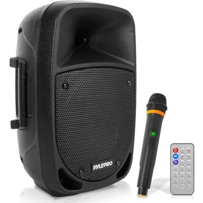 Image de Pyle Enceinte Bluetooth Portable 800W Haut Parleur avec Subwoofer, Lumières et Indicatrices de Batterie LED Rechargeable, Lecteur MP3/USB/SD, Microphone sans Fil UHF, Noir