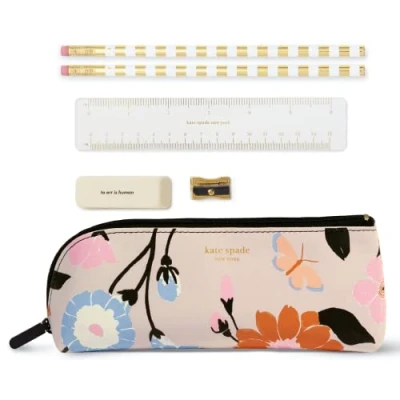 Afbeelding van kate spade new york Pennenetui en potloden met schoolbenodigdheden, vak ritssluiting 2 potloden, puntenslijper, gum liniaal, bloementuin, S, etui, Bloemen tuin., etui