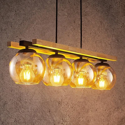 Afbeelding van Lindby hanglamp 4lichts Glas, metaal, hout E27 amber, zwart, lichte eik