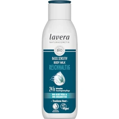 Afbeelding van lavera Base Sensitiv lichaamsmelk rijk natuurlijke cosmetica veganistisch biologische aloë vera en sheaboter intensieve vochtverzorging 24 uur PETA gecertificeerd biologisch afbreekbaar 250 ml