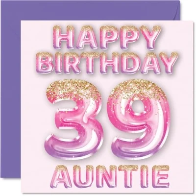 Afbeelding van Verjaardagskaart voor tante 39 jaar, roze en paarse glitterballonnen, verjaardagskaarten jarige van neef nichtje, 145 mm x