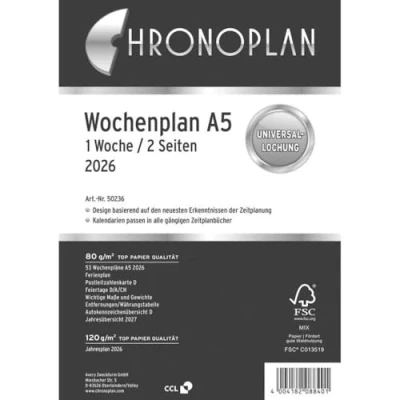 Afbeelding van Chronoplan 50236 Calendrier 2026 (plan hebdomadaire A5 (148 x 210 mm) de rechange pour planificateur détaillé, 1 semaine sur 2 pages en colonnes, avec perforation universelle