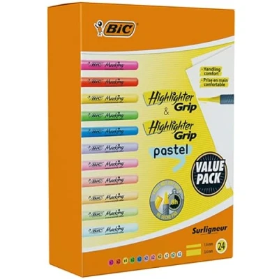 Afbeelding van BIC Markeerstift Grip &amp; Pastel, perfect voor in de klas, kantoor of Kerstmis, diverse kleuren, Pack van 24 [Amazon Exclusive]