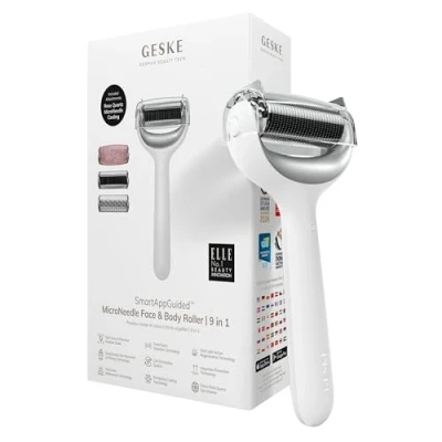 Afbeelding van GESKE SmartAppGuided™ MicroNeedle Face &amp; Body Roller 9 in 1 rozenkwarts Elektrische dermaroller Microneedling apparaat Schoonheidsroller voor gezicht en lichaam