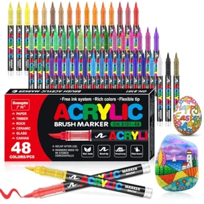 Afbeelding van Vakki 48 kleuren acrylviltstiften, acrylstiften met penseelpunt voor volwassenen, acrylverfmarkers kleuren, kalligrafie, hout, canvas, glas, keramiek