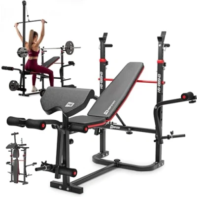 Afbeelding van Hop Sport Inklapbare Halterbank HS 1065 Verstelbare Fitnessbank met Haltersteun, Curlpult en Vlinder, Trainingsbank voor Bankdrukken, Lat Pull Toren