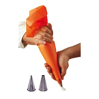 Afbeelding van De Buyer Set : 1 bakzak + 2 roestvrijstalen spuitmonden lengte 35 cm oranje