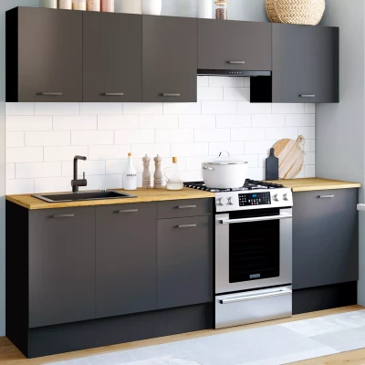 Image de Cuisine complète 240 cm SUBTIL avec plan de travail 7 éléments noir et plateaux bois