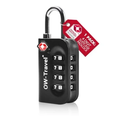 Afbeelding van OW Travel TSA hangslot voor koffers. 4 cijferig bagage kluisje opslag tent camping bagagecombinatie USA. Accessoires vliegtuigreizen: Bagageslot 007
