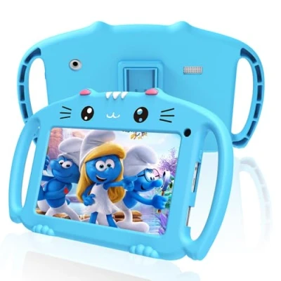 Afbeelding van VESWWE tablet voor kinderen, 7 inch Android, met wifi, 32 GB ROM, tablet, touchscreen, educatief, ouderlijk toezicht, dubbele camera, kinderbescherming, beschermhoes (blauw)