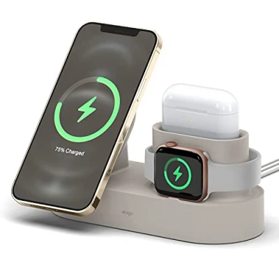 Afbeelding van elago MS Oplaadstation 2 compatibel met iPhone 16/15/14/13/12, AirPods 4, Pro 2, Pro, 3 en alle Apple Watch series [oplaadkabel niet inbegrepen] (steen)
