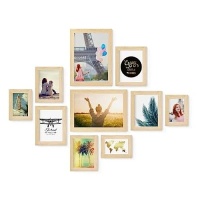 Afbeelding van PHOTOLINI Set van 10 fotolijsten MDF hout natuur brede lijst modern onbreekbaar acrylglas om op te hangen, extra accessoires voor je stijlvolle wanddecoratie