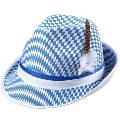 Afbeelding van Widmann Boeren Tirol &amp; Oktoberfest Kostuum Beiers Hoedje Bayern Print Met Veer Blauw Bierfeest Verkleedkleding