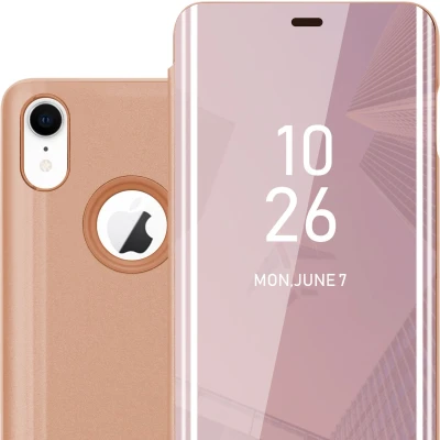 Afbeelding van Cadorabo Hoesje geschikt voor Apple iPhone XR in KUNZIET ROZE Clear View Spiegel Beschermende Case met Tribunefunctie 360 Graden Bescherming Book Cover Etui