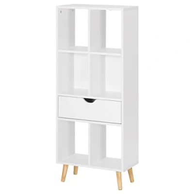 Afbeelding van EUGAD 0012SHG Boekenkast, opbergrek, staand, met lade en 6 vakken, materiaal van spaanplaat grenenhout, wit, 50 x 24 121 cm