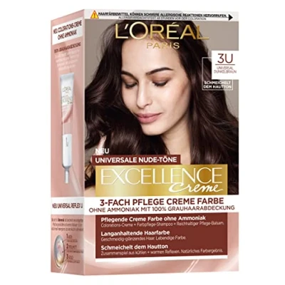 Afbeelding van L&#039;Oréal Paris Permanente kleuring voor alle huidtinten, ammoniakvrije kleuring, universele nude met volledige dekking van grijs haar, Excellence crème, donkerbruin nr. 3U