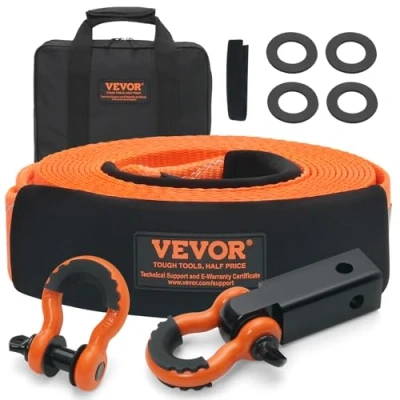 Afbeelding van VEVOR Heavy Duty Trekband Recovery Kit van polyester, 76,2 mm x 9,1 m, liertouw, 16329 kg, versterkte drievoudige gesp, scheurriem, 50 beugel trekhaak ontvanger