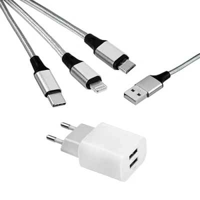 Afbeelding van MUTTO universele 3 in 1 USB reisoplader, iPhone oplader, C stekker en micro stekkeradapter + oplaadkabel naar USB/USB C/Lightning