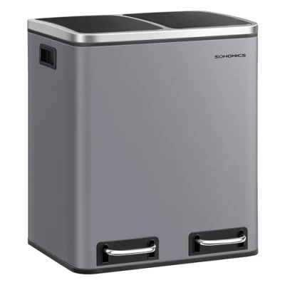 Afbeelding van SONGMICS LTB030G01 Keukenafvalemmer, 2 x 15 liter, vakken selectief sorteersysteem, inclusief vuilniszakken, pedaalemmer, recyclebaar afval, biologisch deksel