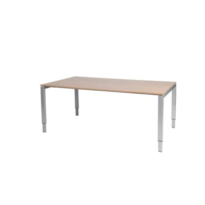 Afbeelding van Domino vergadertafel, hoogte instelbaar (62 85cm) met 180x100cm &#039;zwevend&#039; havana/ kersen licht 25mm blad en aluminium (RAL9006) N poot frame