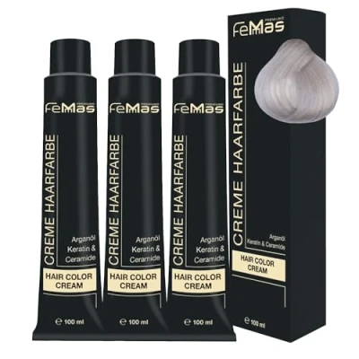 Image de FemMas, super éclaircissant pour cheveux, professionnelle, 100 ml, enrichie à l’huile d&#039;argan nourrissante, de kératine et céramides, jusqu’à 5 nuances, coloration durable, ultra cendré, 901S