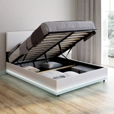 Image de Lit coffre 2 places 140x190 en PVC blanc avec sommier et LED IDMarket
