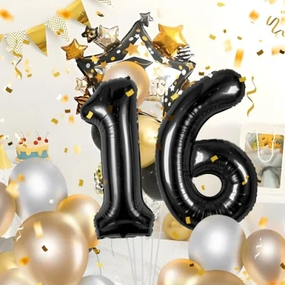 Afbeelding van Ballonnen verjaardag 16 zwart 100 cm ballon cijfer 16, nummer Happy Birthday decoratie, ballonnen, verjaardagsfeest, jaren vliegt dankzij helium