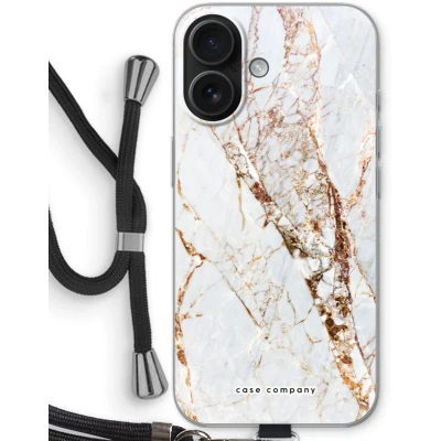Afbeelding van Case Company® hoesje met Koord geschikt voor iPhone 16 Goud marmer Telefoonhoesje Zwart Bescherming aan alle Kanten en Over de Schermrand